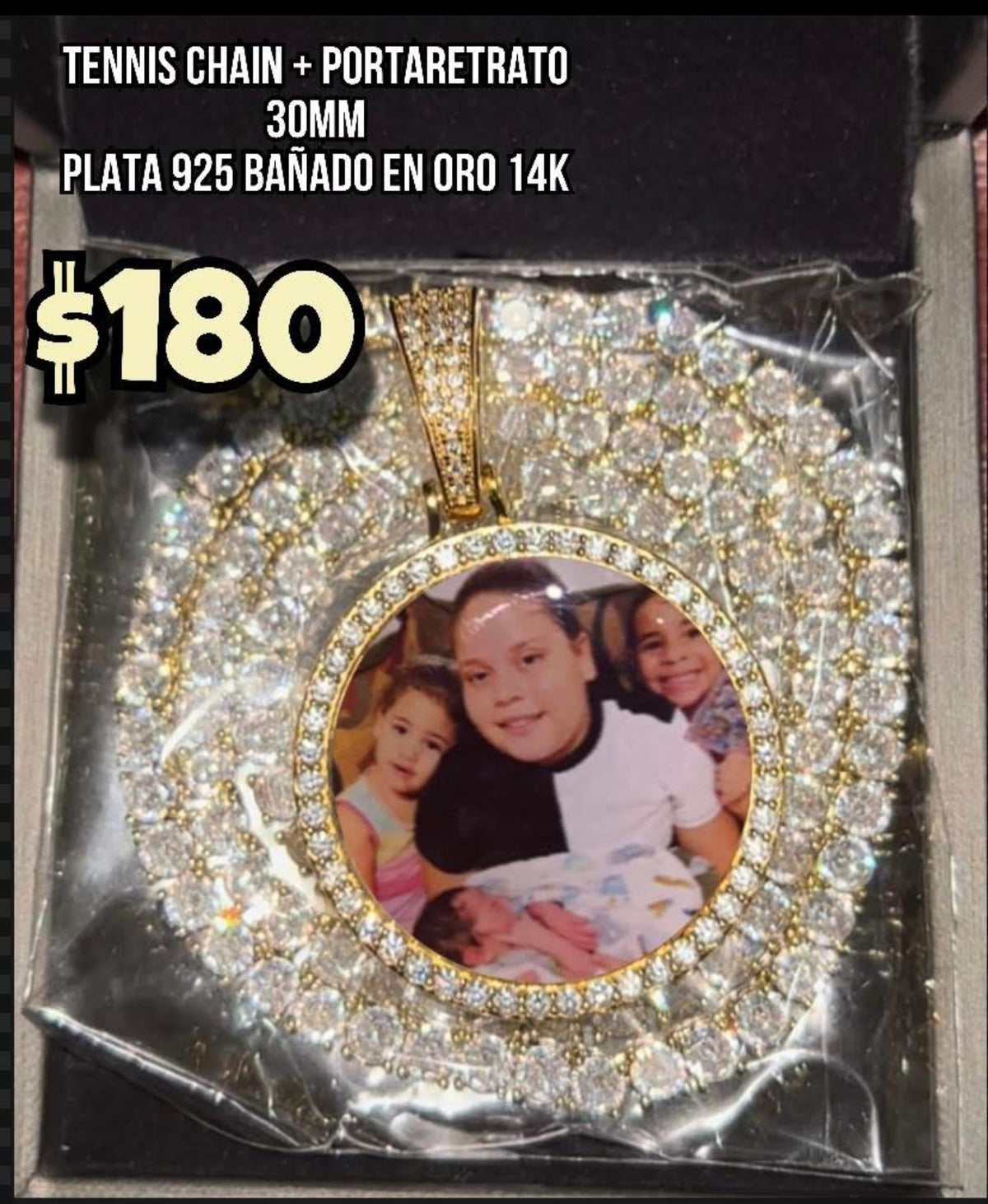 PORTA RETRATO  PLATA 925 baño en oro 14k + Tennis chain